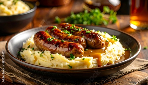 Bangers and Mash with Onion Gravy. Traditional British Food