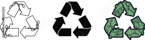 Recycling symbols in various styles and colors on white background