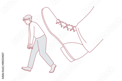 Being fired and kicked out concept. Young stressed sad man worker office manager going away with huge boot shoe kicking him out vector illustration
