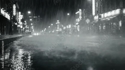Night city street scene black and white rainy weather