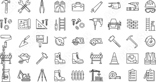 Heavy Construction, Civil Engineering, and Building Site Equipment Outline Icon Set