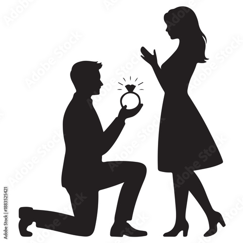 Man kneeling proposing marriage with diamond engagement ring to surprised woman silhouette vector illustration