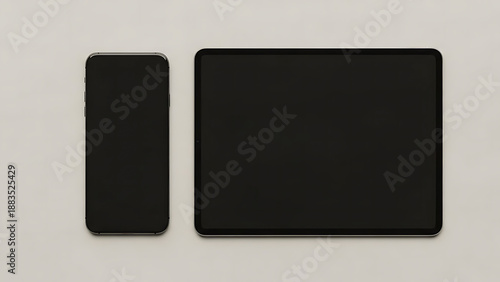 Modern smartphone and tablet mockup on grey background.
