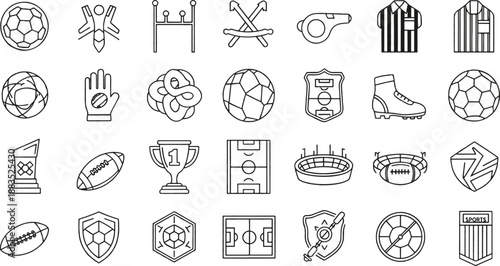 Professional Soccer Championship and Football Stadium Equipment Outline Icon Set