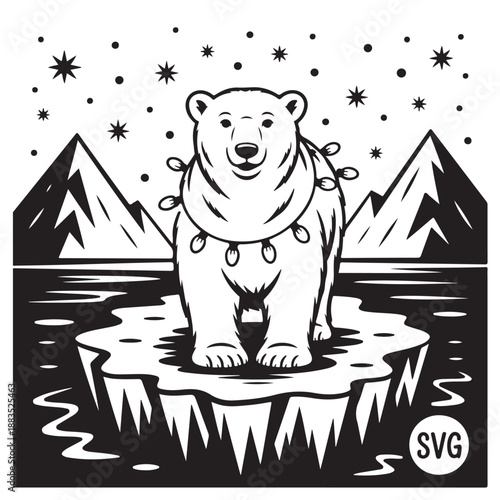 Polar bear standing on iceberg in arctic landscape with mountains and starry night sky black and white vector illustration with christmas lights for festive winter holiday greeting card design