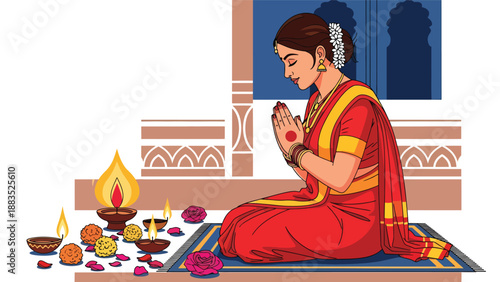 Vector illustration of an Indian woman wearing a traditional saree performing a cultural prayer ritual in a calm sacred space, expressing spirituality, devotion, and heritage in flat vector style