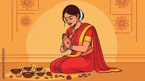 Vector illustration of an Indian woman wearing a traditional saree performing a cultural prayer ritual in a calm sacred space, expressing spirituality, devotion, and heritage in flat vector style