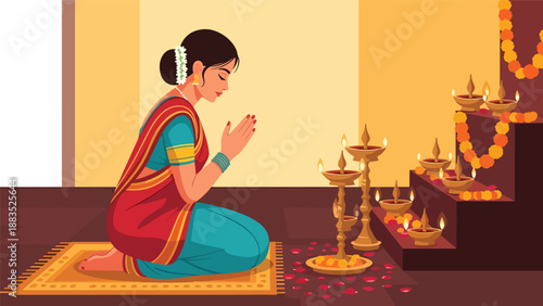 Vector illustration of an Indian woman wearing a traditional saree performing a cultural prayer ritual in a calm sacred space, expressing spirituality, devotion, and heritage in flat vector style