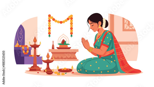 Vector illustration of an Indian woman wearing a traditional saree performing a cultural prayer ritual in a calm sacred space, expressing spirituality, devotion, and heritage in flat vector style