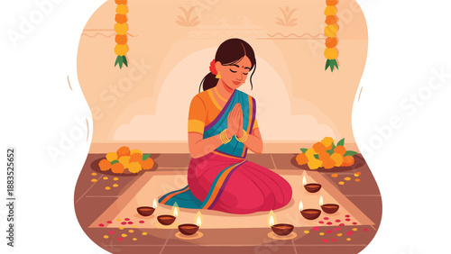 Vector illustration of an Indian woman wearing a traditional saree performing a cultural prayer ritual in a calm sacred space, expressing spirituality, devotion, and heritage in flat vector style