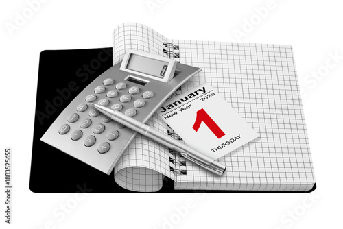 Book with calculator and calendar January 1  2026 New Year isolated on white background
