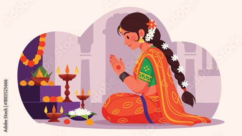 Vector illustration of an Indian woman wearing a traditional saree performing a cultural prayer ritual in a calm sacred space, expressing spirituality, devotion, and heritage in flat vector style