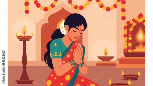Vector illustration of an Indian woman wearing a traditional saree performing a cultural prayer ritual in a calm sacred space, expressing spirituality, devotion, and heritage in flat vector style