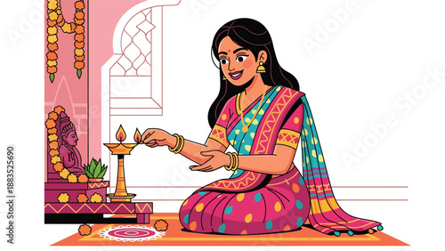 Vector illustration of an Indian woman in traditional attire lighting a ceremonial lamp, symbolizing spiritual devotion, cultural celebration, and religious tradition in a serene flat vector