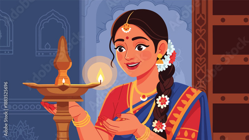 Vector illustration of an Indian woman in traditional attire lighting a ceremonial lamp, symbolizing spiritual devotion, cultural celebration, and religious tradition in a serene flat vector