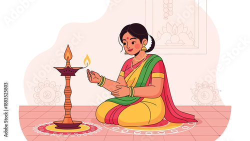 Vector illustration of an Indian woman in traditional attire lighting a ceremonial lamp, symbolizing spiritual devotion, cultural celebration, and religious tradition in a serene flat vector