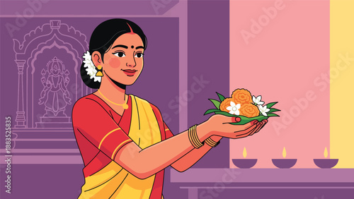Vector illustration of an Indian woman wearing a saree offering flowers during a religious ceremony, representing faith, respect, and cultural spirituality in a clean flat vector style