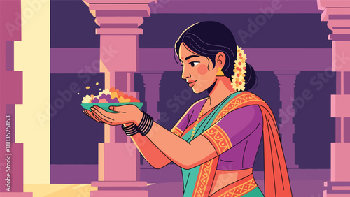 Vector illustration of an Indian woman wearing a saree offering flowers during a religious ceremony, representing faith, respect, and cultural spirituality in a clean flat vector style