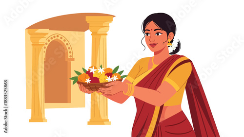 Vector illustration of an Indian woman wearing a saree offering flowers during a religious ceremony, representing faith, respect, and cultural spirituality in a clean flat vector style