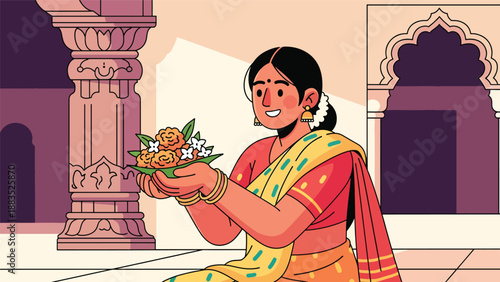 Vector illustration of an Indian woman wearing a saree offering flowers during a religious ceremony, representing faith, respect, and cultural spirituality in a clean flat vector style