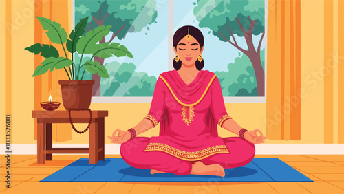 Vector illustration of an Indian woman in traditional attire practicing meditation as part of a spiritual activity, reflecting inner peace, mindfulness, and cultural religious tradition