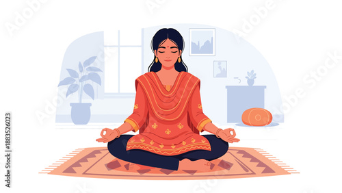 Vector illustration of an Indian woman in traditional attire practicing meditation as part of a spiritual activity, reflecting inner peace, mindfulness, and cultural religious tradition