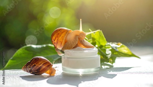 Wallpaper Mural Snail Beauty - Snail on Cream Jar with Natural Greenery. Torontodigital.ca