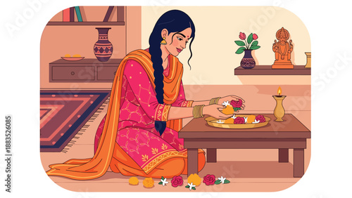 Vector illustration of an Indian woman in traditional attire arranging flowers for religious offerings, symbolizing devotion, mindfulness, and cultural spirituality in a serene setting