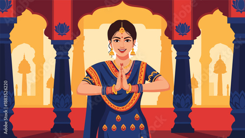 Vector illustration of an Indian woman wearing traditional attire performing a blessing gesture, symbolizing faith, spiritual guidance, and cultural religious respect