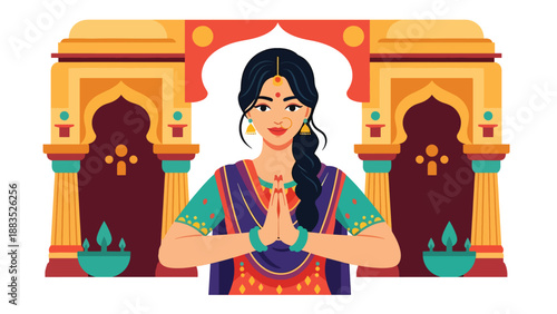 Vector illustration of an Indian woman wearing traditional attire performing a blessing gesture, symbolizing faith, spiritual guidance, and cultural religious respect