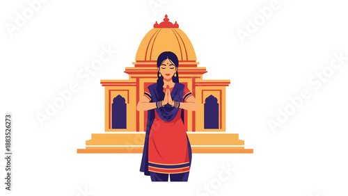 Vector illustration of an Indian woman wearing traditional attire performing a blessing gesture, symbolizing faith, spiritual guidance, and cultural religious respect