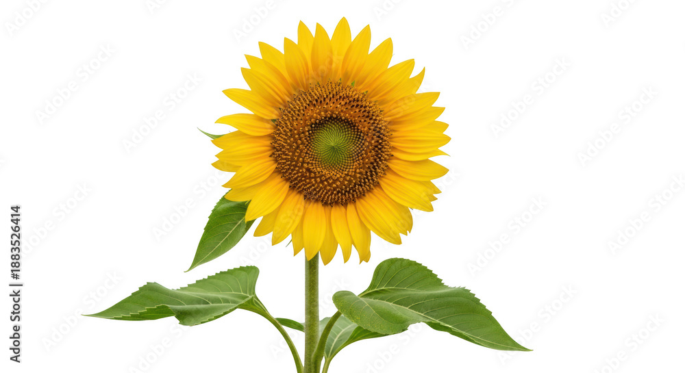 Fototapeta premium Vibrant sunflower blossom isolated on transparent backdrop showcasing detailed petals and green leaves isolated on transparent background
