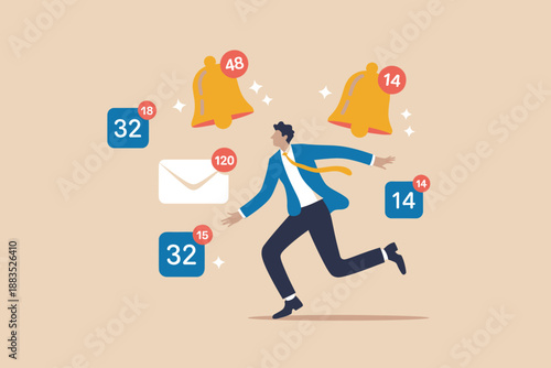 Businessman running away from overwhelming digital notifications and constant alerts