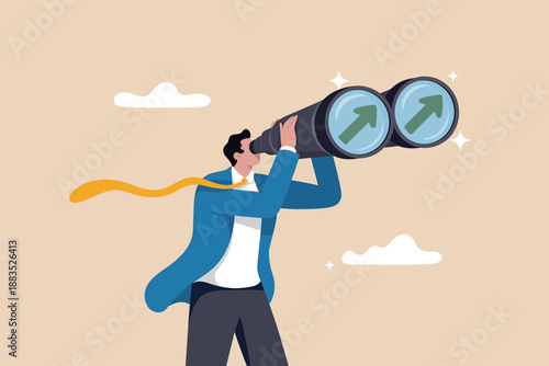 Businessman looking through binoculars for future business growth and success vision.