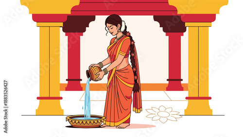 Vector illustration of an Indian woman in traditional attire performing a cleansing water ritual, symbolizing purification, devotion, and spiritual renewal in cultural practice