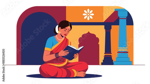 Vector illustration of an Indian woman wearing traditional clothing reading a sacred book, representing faith, spiritual learning, and cultural religious practice in flat vector design