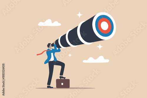 Businessman looking through a giant telescope for future opportunities and vision