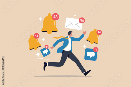 Overwhelmed businessman trying to escape a flood of digital notifications and communication alerts