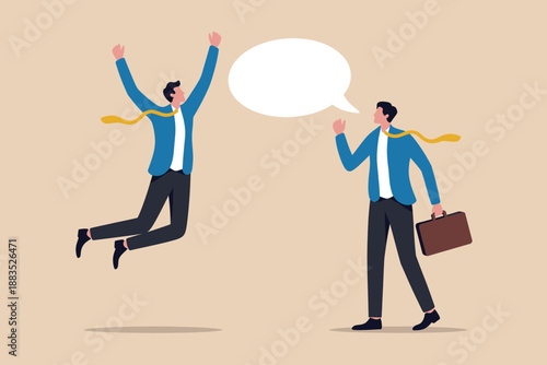 Ecstatic businessman celebrates success with a joyous jump as a colleague communicates