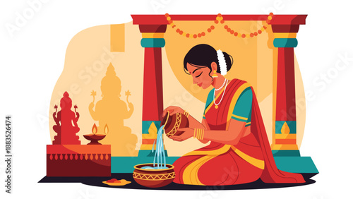 Vector illustration of an Indian woman in traditional attire performing a cleansing water ritual, symbolizing purification, devotion, and spiritual renewal in cultural practice