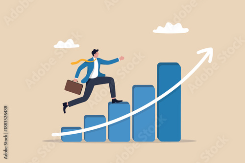 Businessman striving for success and career growth by climbing a rising bar chart