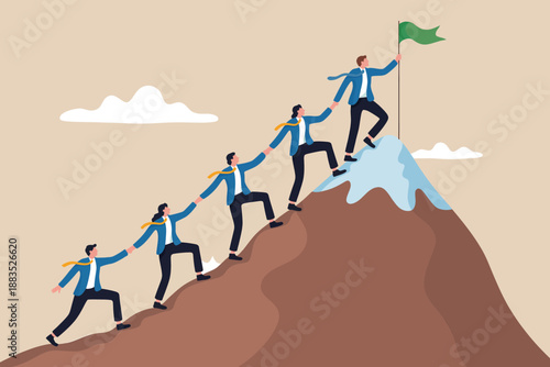 Teamwork climbing to success: business people help each other reach the mountain top