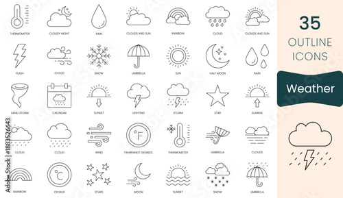Set of weather icons. Thin outline icons pack. Vector illustration
