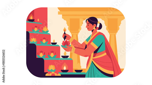 Vector illustration of an Indian woman wearing traditional clothing decorating a cultural altar, expressing devotion, gratitude, and spiritual connection in religious tradition