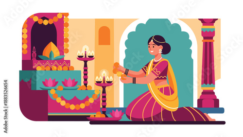 Vector illustration of an Indian woman wearing traditional clothing decorating a cultural altar, expressing devotion, gratitude, and spiritual connection in religious tradition