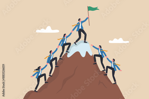 Business team climbing mountain to reach peak with flag representing triumph and ambition