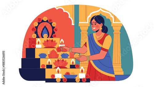 Vector illustration of an Indian woman wearing traditional clothing decorating a cultural altar, expressing devotion, gratitude, and spiritual connection in religious tradition