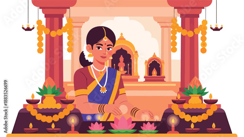Vector illustration of an Indian woman wearing traditional clothing decorating a cultural altar, expressing devotion, gratitude, and spiritual connection in religious tradition