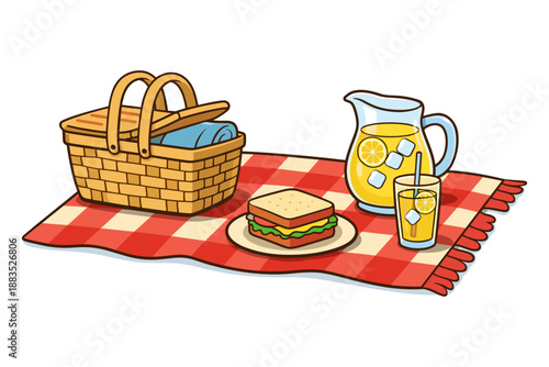 Charming picnic setup with basket, sandwich, and refreshing lemonade on checkered blanket