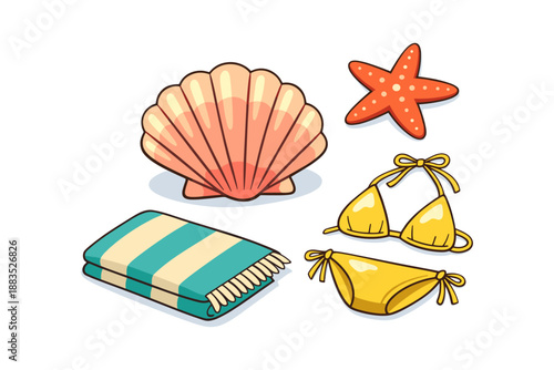 Summer beach essentials: seashell, starfish, bikini, towel illustration